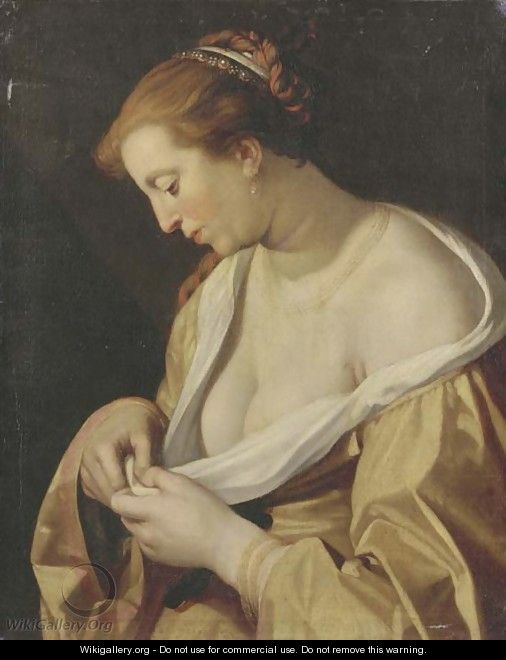 A woman catching flees in her dress - (after) Abraham Bloemaert
