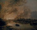 A river landscape at night with a rowing boat, a burning city beyond - Aert van der Neer