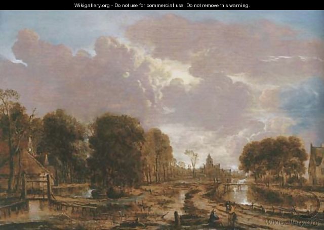 A wooded landscape with peasants conversing on a road by a canal, a cottage to the left, a town beyond - Aert van der Neer