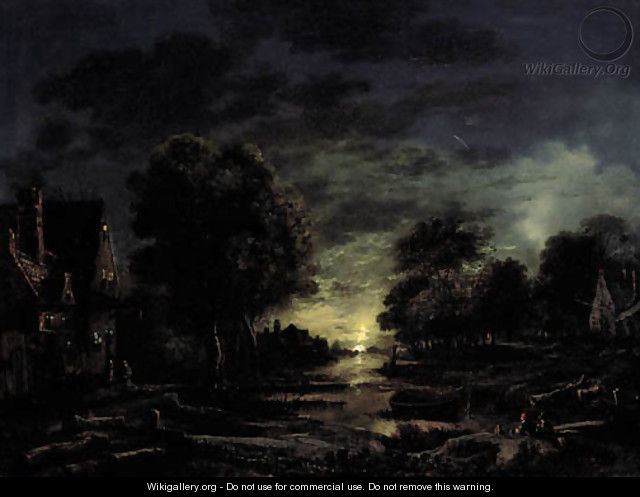 A moonlight river landscdape with two men resting on the bank - Aert van der Neer