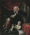 Portrait of a family, small, full-length, said to be Yoan van Wageningen (b. 1704) and children, Yan (b. 1733) and Cornelia (b. 1734), in an interior - Aert Schouman