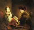 Portrait of a lady and a gentleman seated at a table in an interior - Antoine Pesne