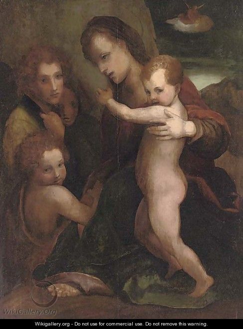The Madonna and Child with the Young Saint John the Baptist and an Angel, the Annunciation to the Shepherds in the distance - (after) Andrea Del Sarto