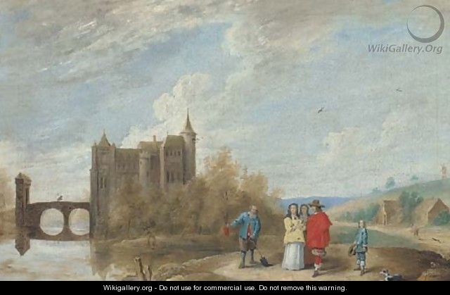 A river landscape with elegant company conversing with a peasant, a castle beyond - David The Younger Teniers