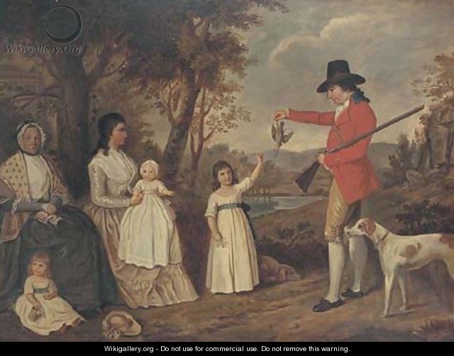 A group portrait of the Spreull family at Charing Cross, Glasgow, James Spreull, full-length, holding a woodcock with a gundog at his side - (after) David Allan