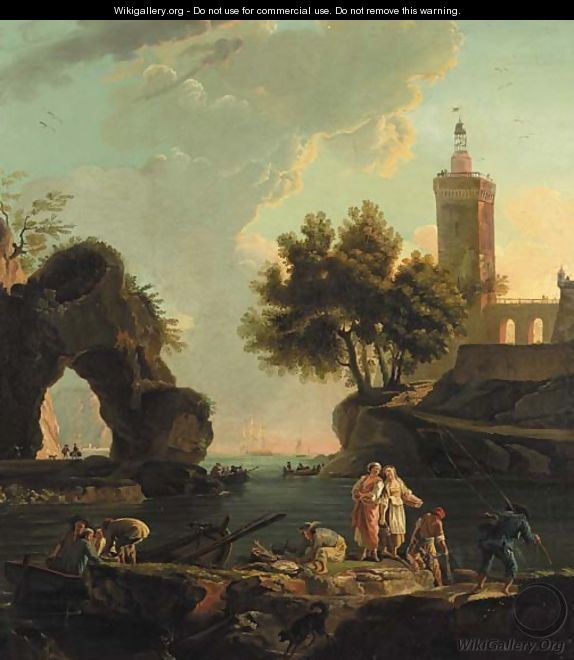 Fishermen unloading cargo on a landing stage in a Mediterranean harbour, a lighthouse beyond - (after) Claude-Joseph Vernet