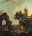 Fishermen unloading cargo on a landing stage in a Mediterranean harbour, a lighthouse beyond - (after) Claude-Joseph Vernet
