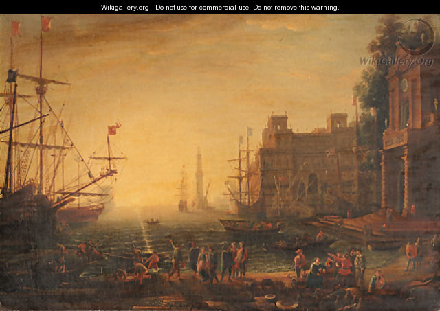 A Mediterranean port scene with the Villa Medici - (after) Claude-Joseph Vernet