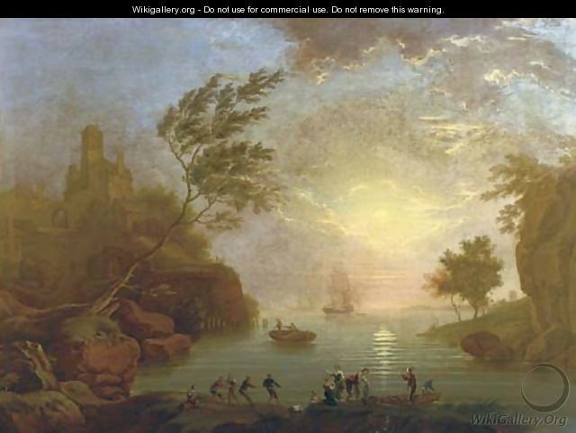 A Mediterranean inlet at sunset with fisherfolk in the foreground, a hilltop town beyond - (after) Claude-Joseph Vernet