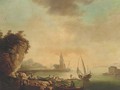 A Mediterranean harbour at sunset with stevedores on the quay - (after) Claude-Joseph Vernet