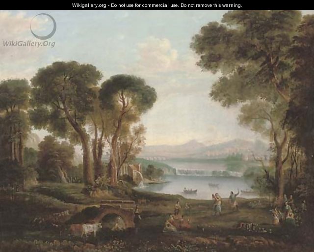 An Italianate river landscape with figures dancing and making music on a bank, a town beyond - Claude Lorrain (Gellee)