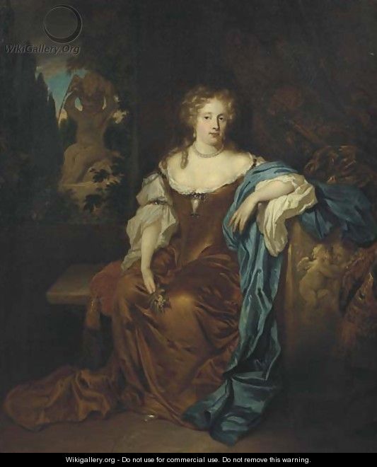 Portrait of a lady, full-length, in an ochre silk dress, seated on a terrace before a curtain, a fountain in a garden beyond - (after) Caspar Netscher