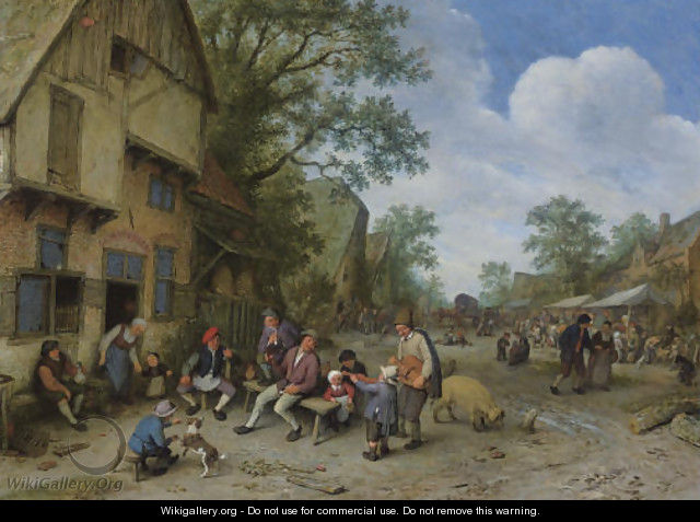 A village street with a hurdy-gurdy player and a violinist playing outside a tavern - Adriaen Jansz. Van Ostade