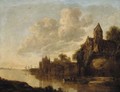 A castle by a river with fishermen in a rowing boat, at sunset - Adriaen Hendricksz Verboom