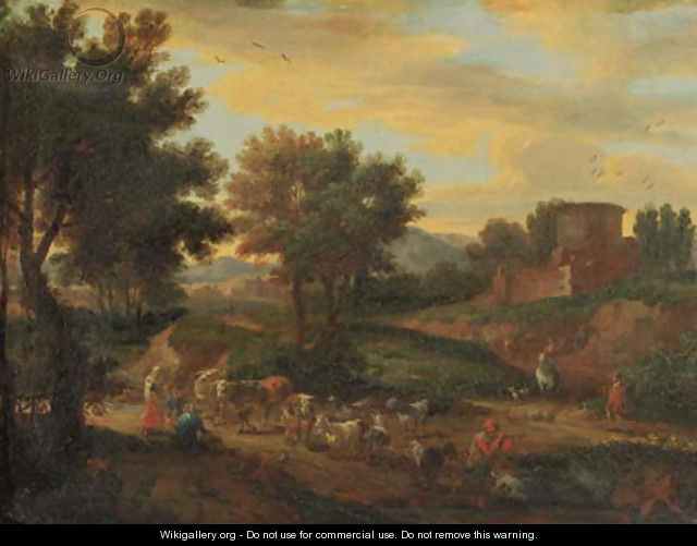 Shepherds fording cattle and flock on a sandy track by a ruined castle, in an Italianate landscape - Adriaen Frans Boudewijns