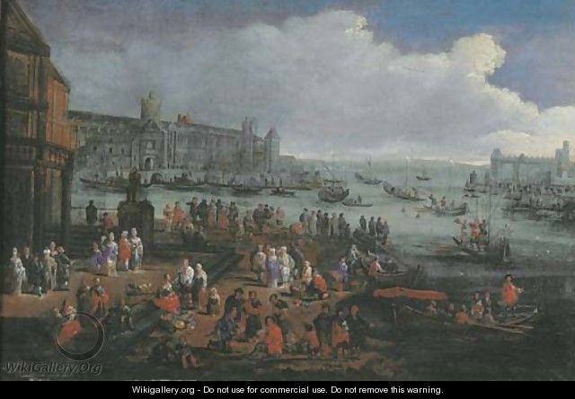 An Italianate harbour with elegant figures - Adriaen Frans Boudewijns