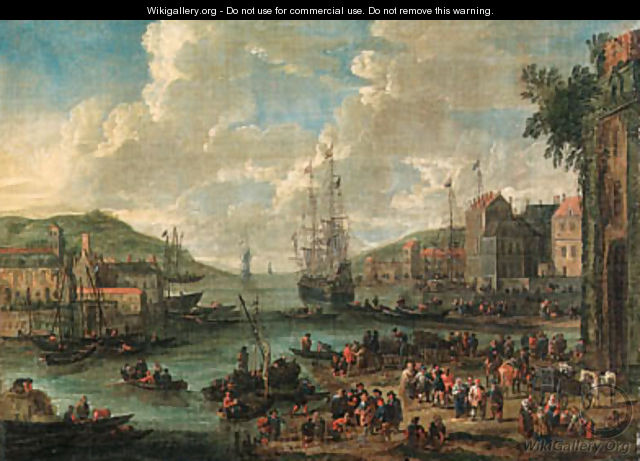 A port, with men-o-war and other shipping, townsfolk and fishermen on the shore - Adriaen Frans Boudewijns