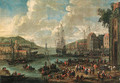 A port, with men-o-war and other shipping, townsfolk and fishermen on the shore - Adriaen Frans Boudewijns