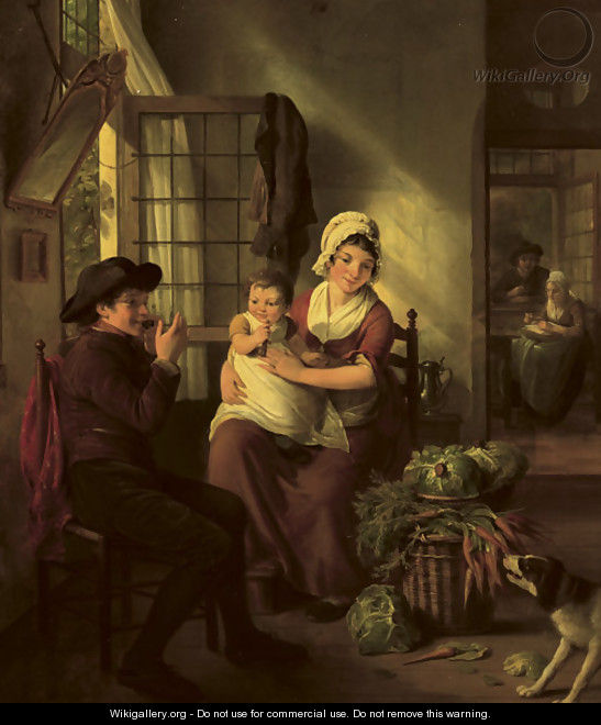 A family in an interior with a dog nearby - Adriaan de Lelie
