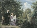 Group portrait of a gentleman and a lady, the latter seated on a bench, with their two children and dog in the park of Elswout, Overveen - Adriaan de Lelie