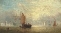 Fishermen unloading at dusk, with a frigate at anchor beyond - Adolphus Knell