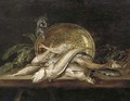 Fish, crabs, mussels, an artichoke, a copper pot and a cat on a table - Adriaen van Utrecht