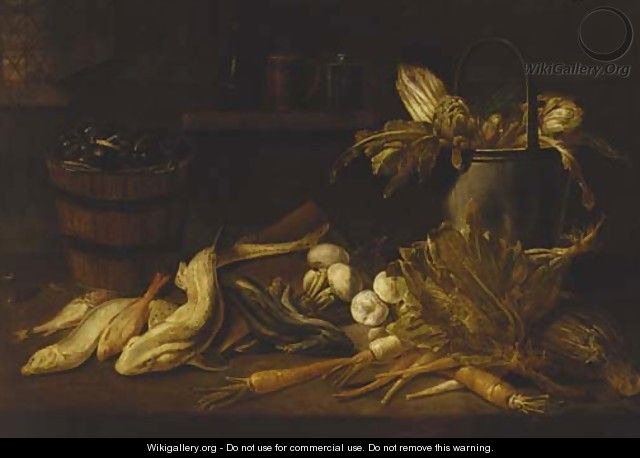 A barrel of mussels, a dogfish and other fish with turnips, carrots, a cabbage and a bucket with artichokes and asparagus on a ledge - Adriaen van Utrecht