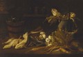 A barrel of mussels, a dogfish and other fish with turnips, carrots, a cabbage and a bucket with artichokes and asparagus on a ledge - Adriaen van Utrecht