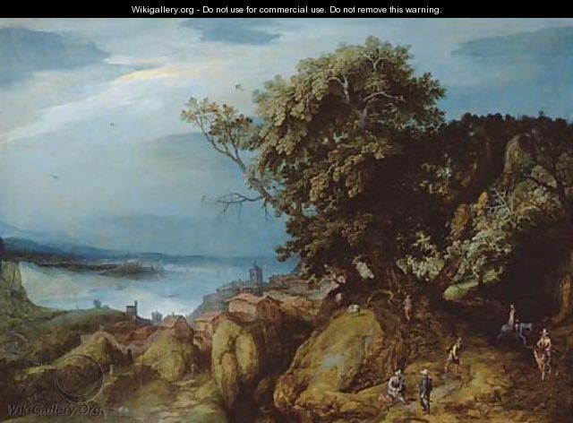 A rocky river landscape with travellers on a path by a town - Adriaan van Stalbemt