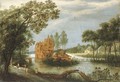 A river landscape with sportsmen shooting from a boat by a farm and peasants on a path - Adriaan van Stalbemt