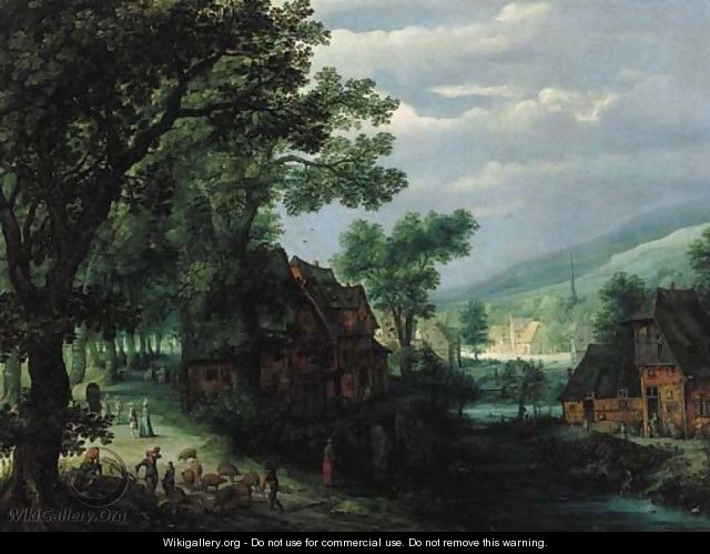 A hamlet by a river, with a swineherd and travellers on a track - Adriaan van Stalbemt