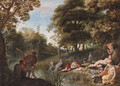 A wooded landscape with Diana and her nymphs resting after the chase - Adriaan van Stalbemt