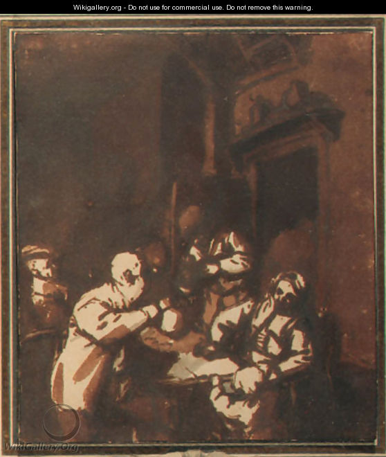 An interior with a family at a table, another figure at the door - Adriaen Jansz. Van Ostade