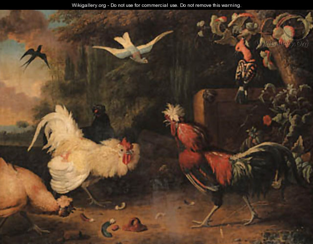 Two cocks fighting, with hens, a swallow and two exotic birds in a wooded landscape - Adriaen van Oolen