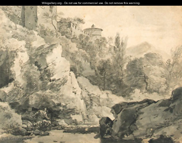 Italianate buildings on a rocky rise by a river, hills beyond - Adrian van der Cabel