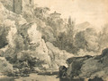 Italianate buildings on a rocky rise by a river, hills beyond - Adrian van der Cabel