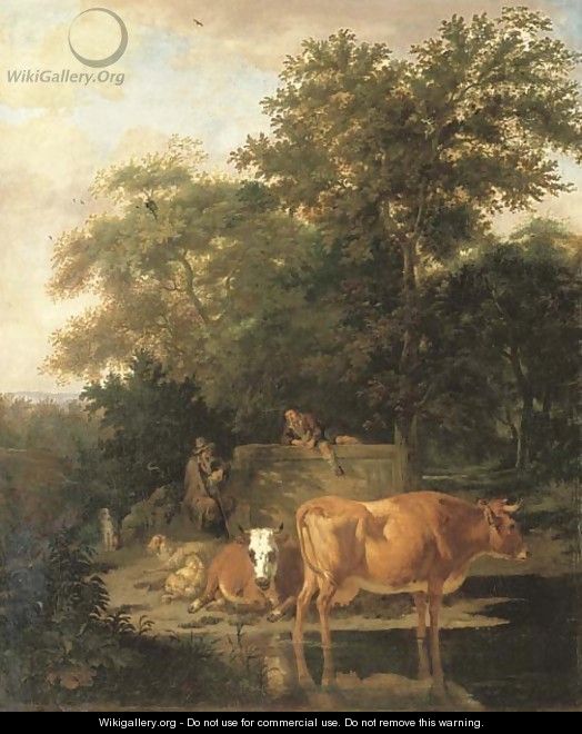 A wooded landscape with herdsmen resting and cows watering by a river - Adriaen Van De Velde