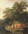 A wooded landscape with herdsmen resting and cows watering by a river - Adriaen Van De Velde