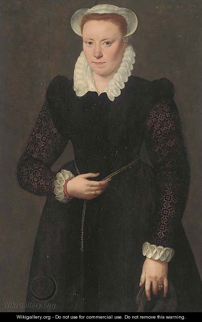 Portrait of a lady, aged 28, three-quarter-length, in a black dress with brocade sleeves, white collar, cuffs and bonnet and with a gold chain around - Adriaan Key