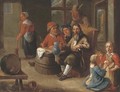 Peasants smoking and drinking with children making music and an old woman in an interior - Adriaen Rombouts