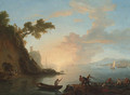 Neapolitan coastal views with a Dutch warship and fishermen in a harbour - Adrien Manglard