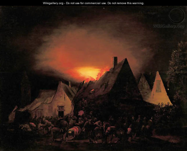 A townhouse ablaze with villagers trying to rescue - Adriaen Lievensz van der Poel