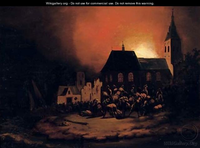 A burning village at night - Adriaen Lievensz van der Poel