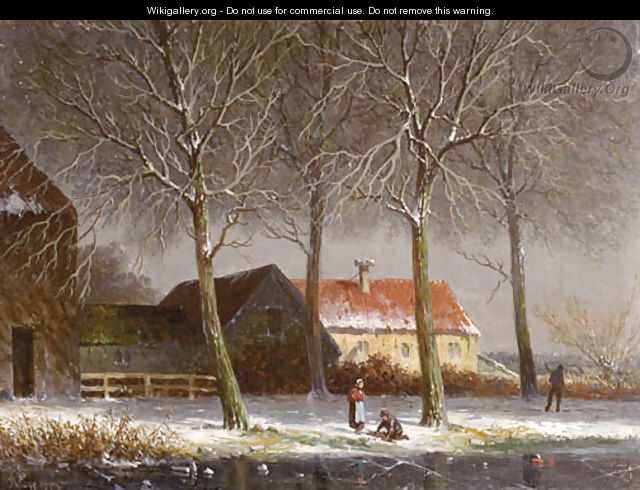 Peasants on a tree-lined snowcovered track, with farms beyond - Adrianus Eversen