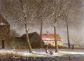 Peasants on a tree-lined snowcovered track, with farms beyond - Adrianus Eversen
