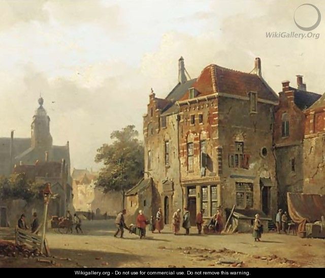 Numerous figures on a sunlit town square - Adrianus Eversen