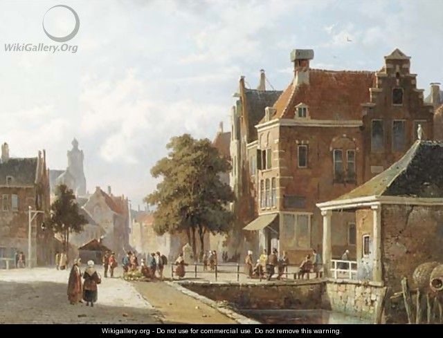 Figures by a canal in a sunlit Dutch town - Adrianus Eversen
