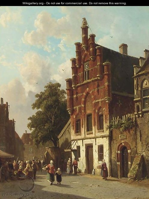A busy day on a sunlit Dutch street - Adrianus Eversen