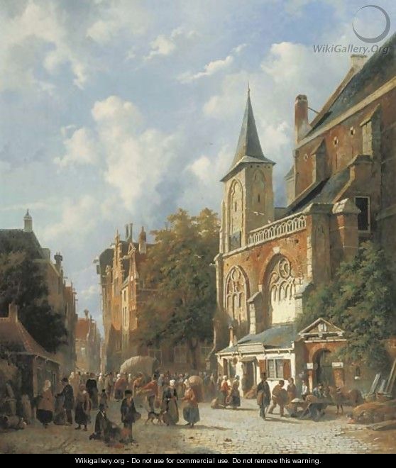 A bustling street by a church in a Dutch town - Adrianus Eversen