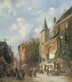 A bustling street by a church in a Dutch town - Adrianus Eversen